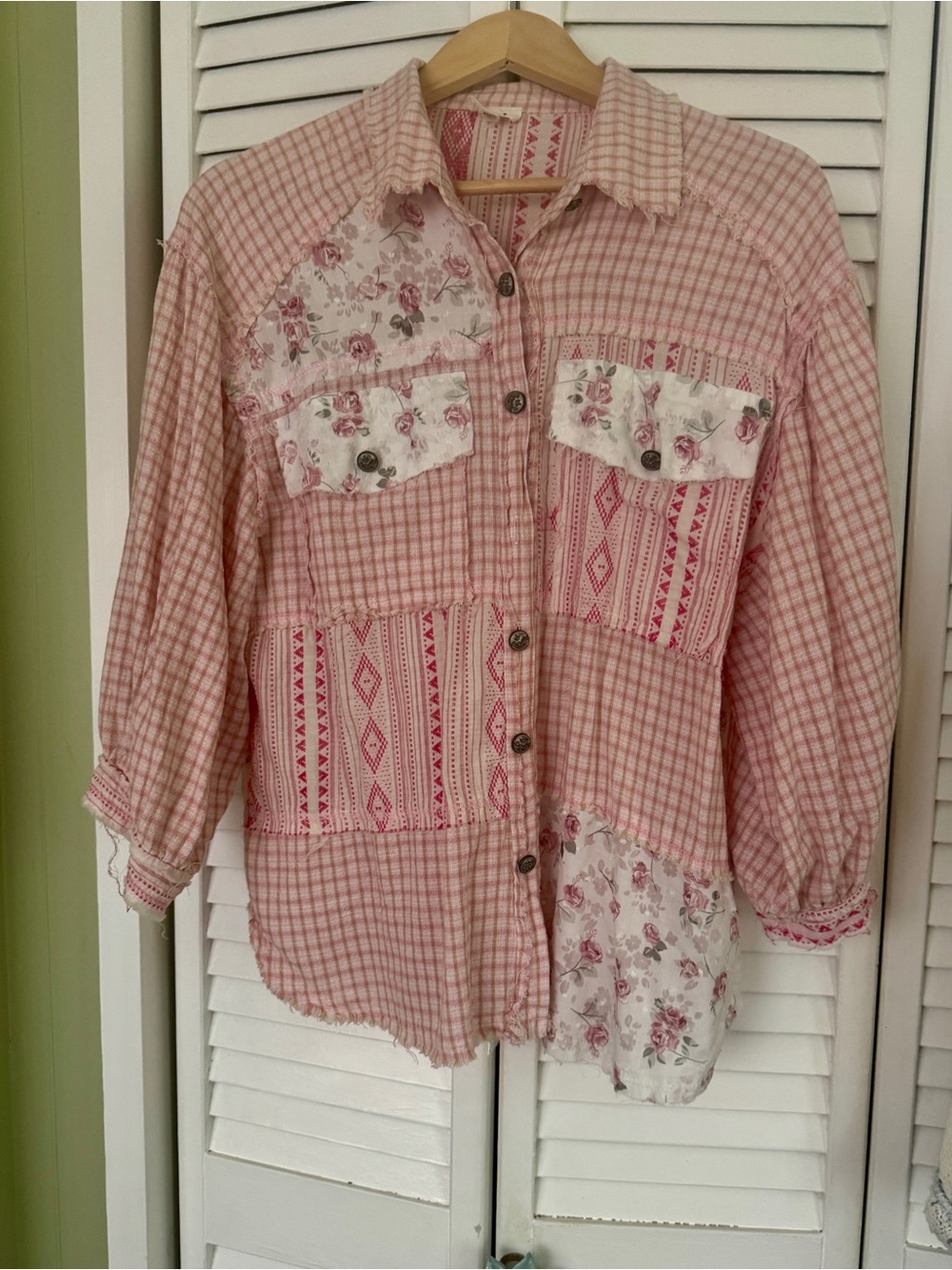 POL Pink Patchwork Button Down Shirt with Floral Panels
